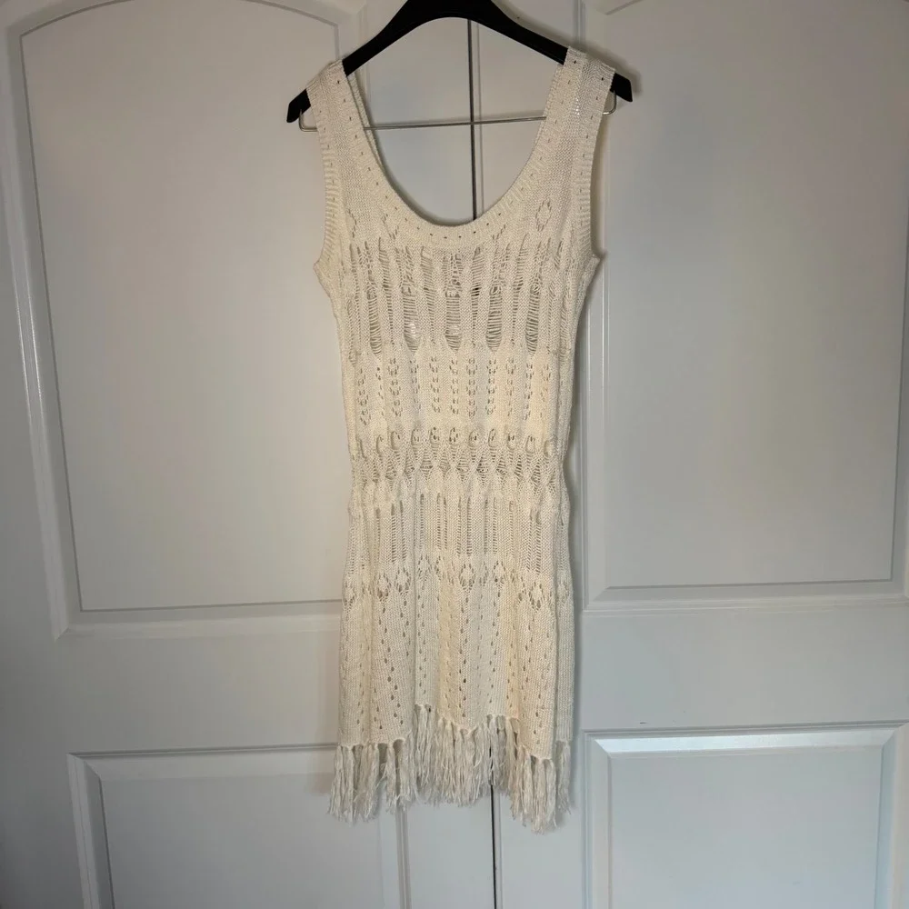 Anna & Ava Ivory Crochet Knit Fringe Hem Sleeveless Cover Up Dress SM - Picture 3 of 3